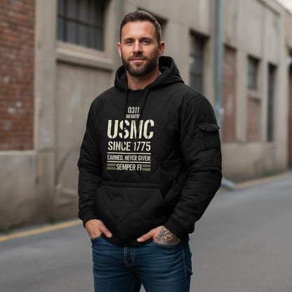 USMC Since 1775 Marine Veteran Hoodie - Heavyweight Quilted Tactical Pullover