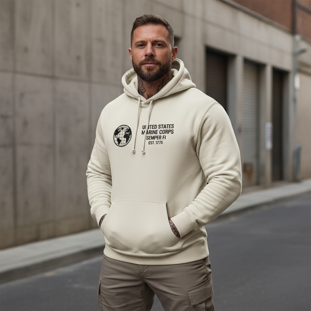 United States Marine Corps Semper Fi Est 1775 Hoodie Minimalist Global Logo Pocket Design Pullover
