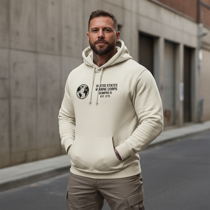 United States Marine Corps Semper Fi Est 1775 Hoodie Minimalist Global Logo Pocket Design Pullover