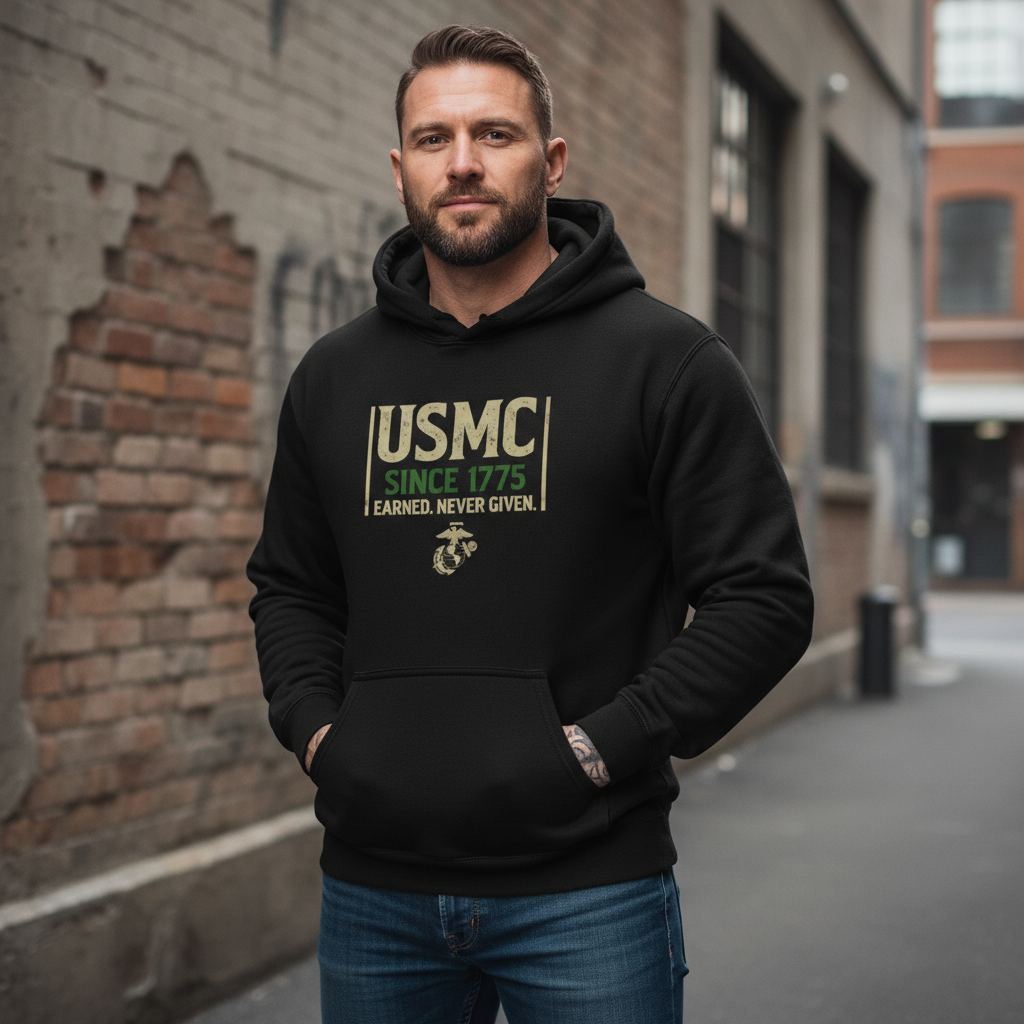 USMC Since 1775 Hoodie Earned Never Given Motto Marine Corps Pride Pullover