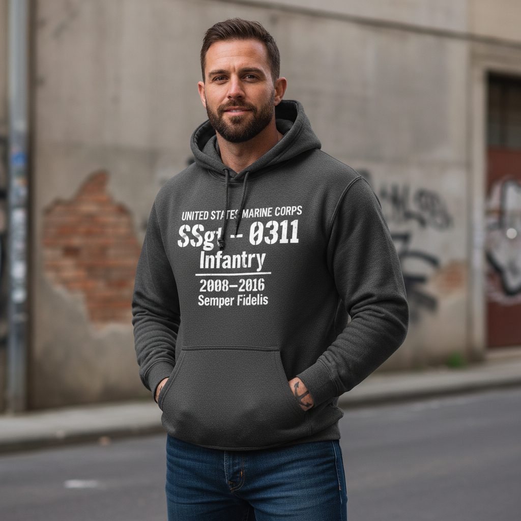 USMC SSgt 0311 Infantry Hoodie Charcoal Heather Military Stencil 2008-2016 Pullover