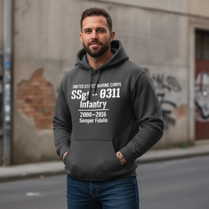 USMC SSgt 0311 Infantry Hoodie Charcoal Heather Military Stencil 2008-2016 Pullover