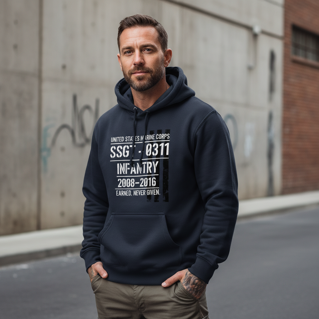 USMC SSgt 0311 Infantry Hoodie Earned Never Given Navy Blue Military Rank Pullover
