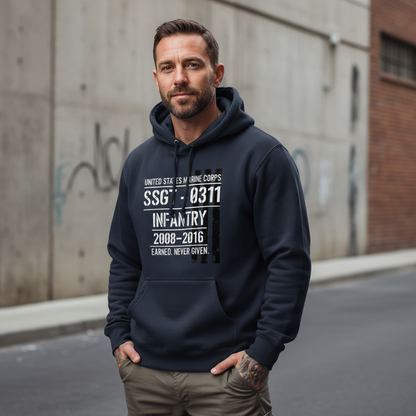 USMC SSgt 0311 Infantry Hoodie Earned Never Given Navy Blue Military Rank Pullover