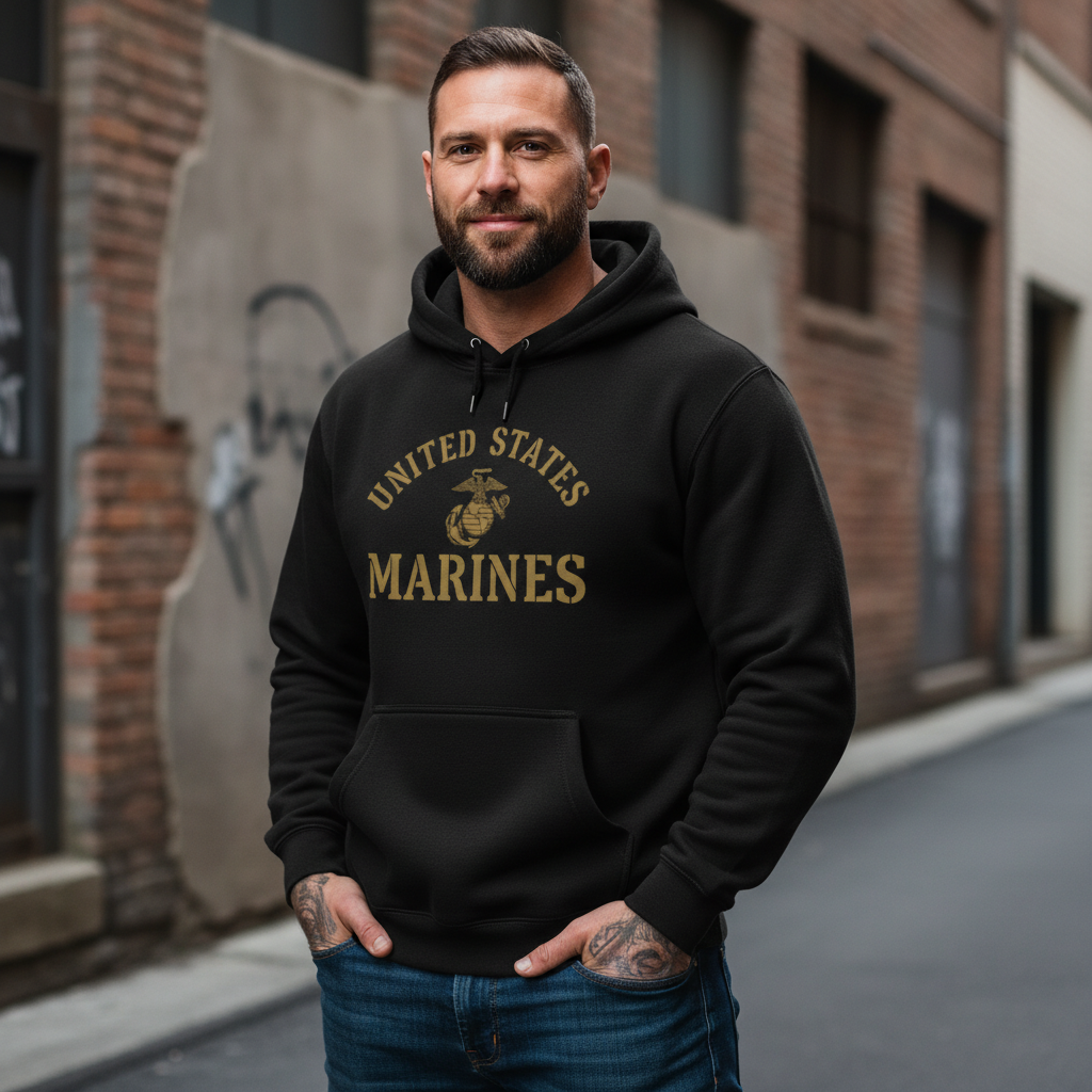 United States Marines Gold Arch Lettering Hoodie USMC EGA Heritage Pullover