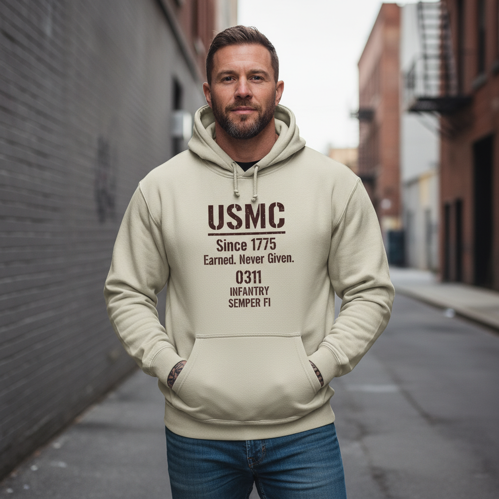 USMC 0311 Infantry Hoodie Since 1775 Earned Never Given Semper Fi Military Stencil Pullover