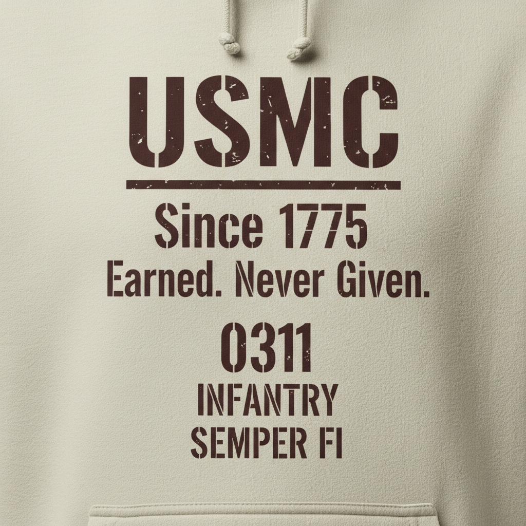 USMC 0311 Infantry Hoodie Since 1775 Earned Never Given Semper Fi Military Stencil Pullover