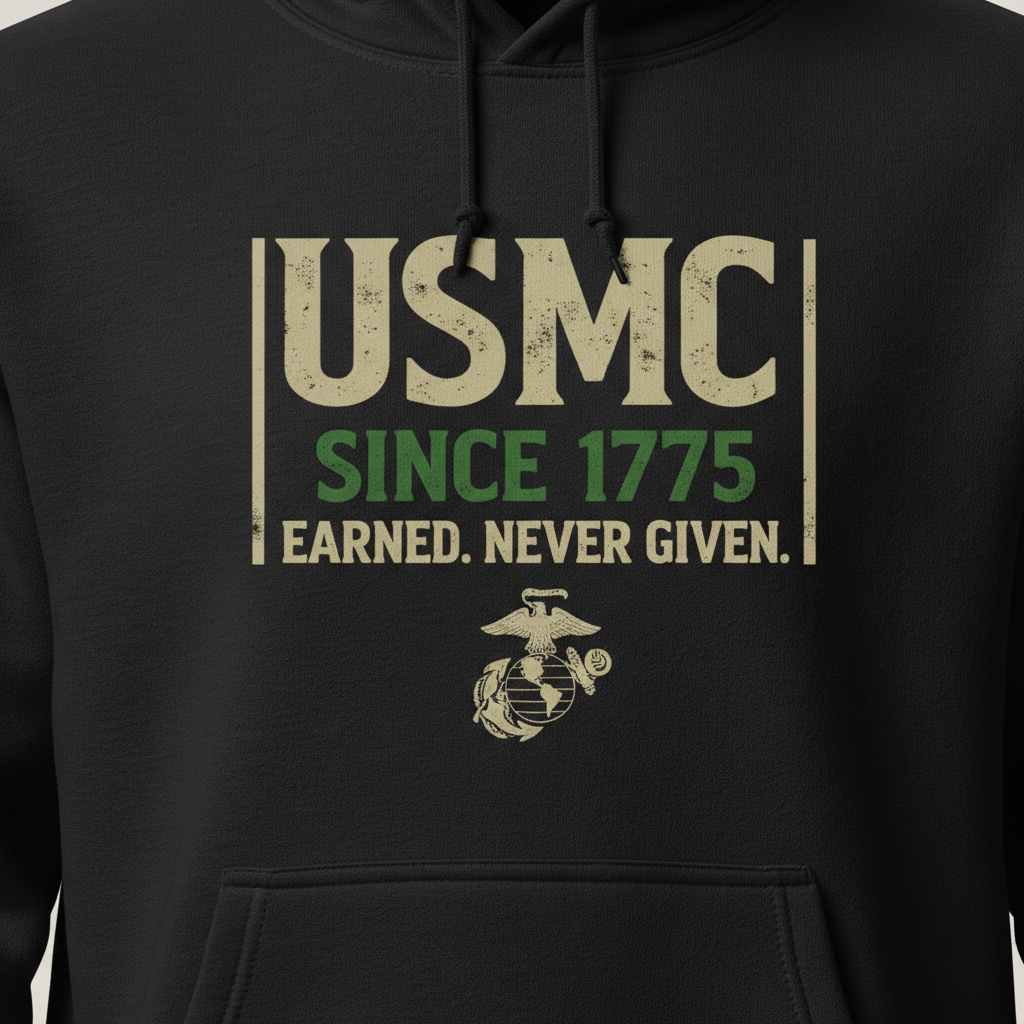 USMC Since 1775 Hoodie Earned Never Given Motto Marine Corps Pride Pullover