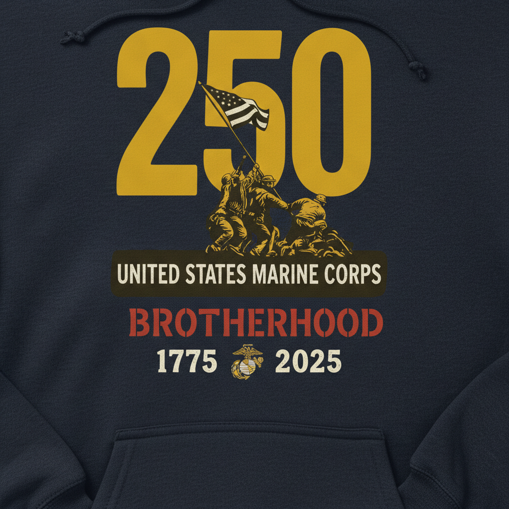 United States Marine Corps 250th Anniversary Hoodie Brotherhood 1775-2025 Iwo Jima Tribute Pullover