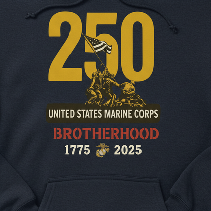 United States Marine Corps 250th Anniversary Hoodie Brotherhood 1775-2025 Iwo Jima Tribute Pullover