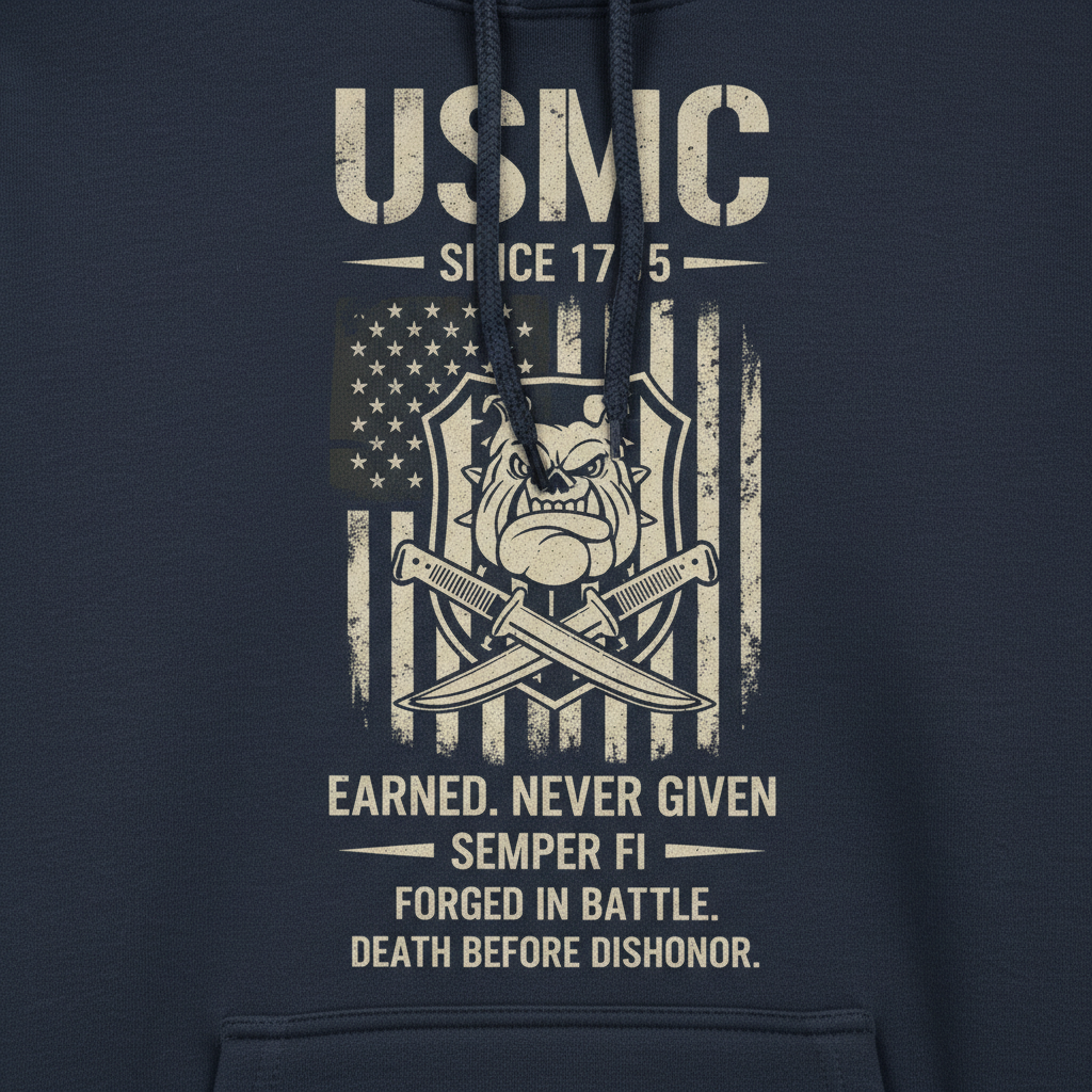 USMC Devil Dog Hoodie Death Before Dishonor American Flag Bulldog Graphic Pullover