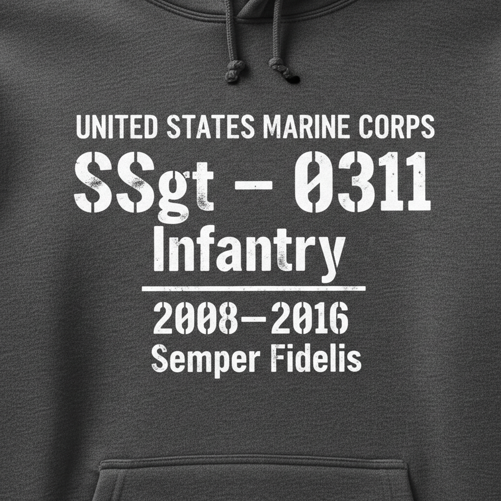 USMC SSgt 0311 Infantry Hoodie Charcoal Heather Military Stencil 2008-2016 Pullover