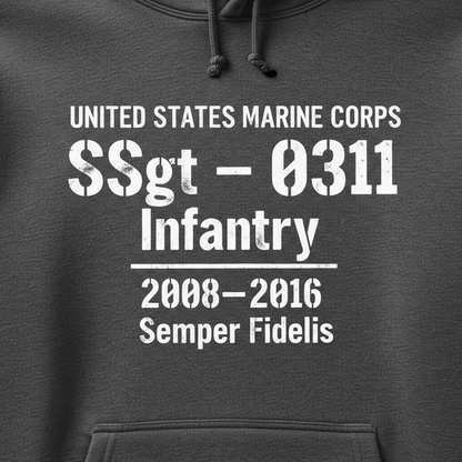 USMC SSgt 0311 Infantry Hoodie Charcoal Heather Military Stencil 2008-2016 Pullover