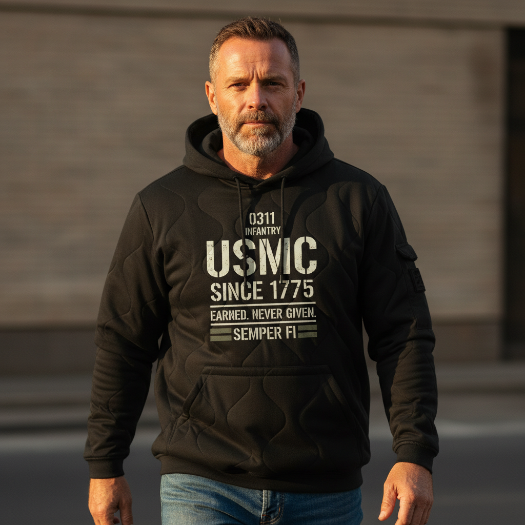 USMC Since 1775 Marine Veteran Hoodie - Heavyweight Quilted Tactical Pullover