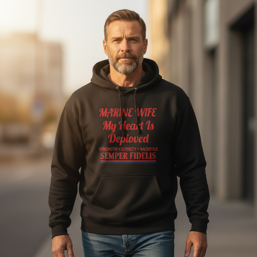 Marine Wife Hoodie - My Heart Is Deployed Sweatshirt - Semper Fidelis Military Spouse Gift - USMC Strength Loyalty Sacrifice Pullover.