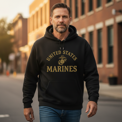 United States Marines Gold Arch Lettering Hoodie USMC EGA Heritage Pullover