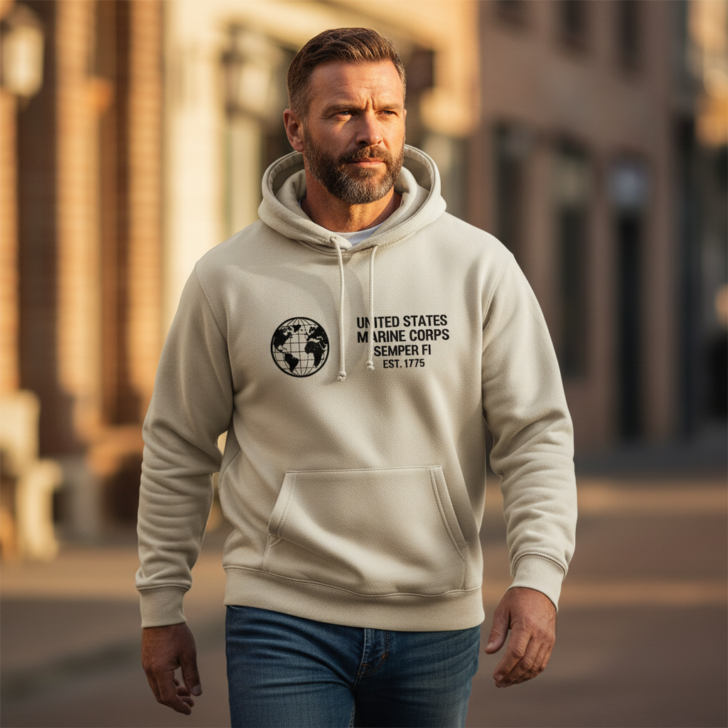 United States Marine Corps Semper Fi Est 1775 Hoodie Minimalist Global Logo Pocket Design Pullover