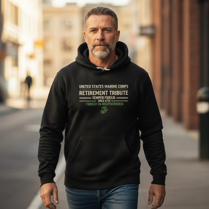 United States Marine Corps Retirement Tribute Hoodie Semper Fidelis Forced In Brotherhood Pullover