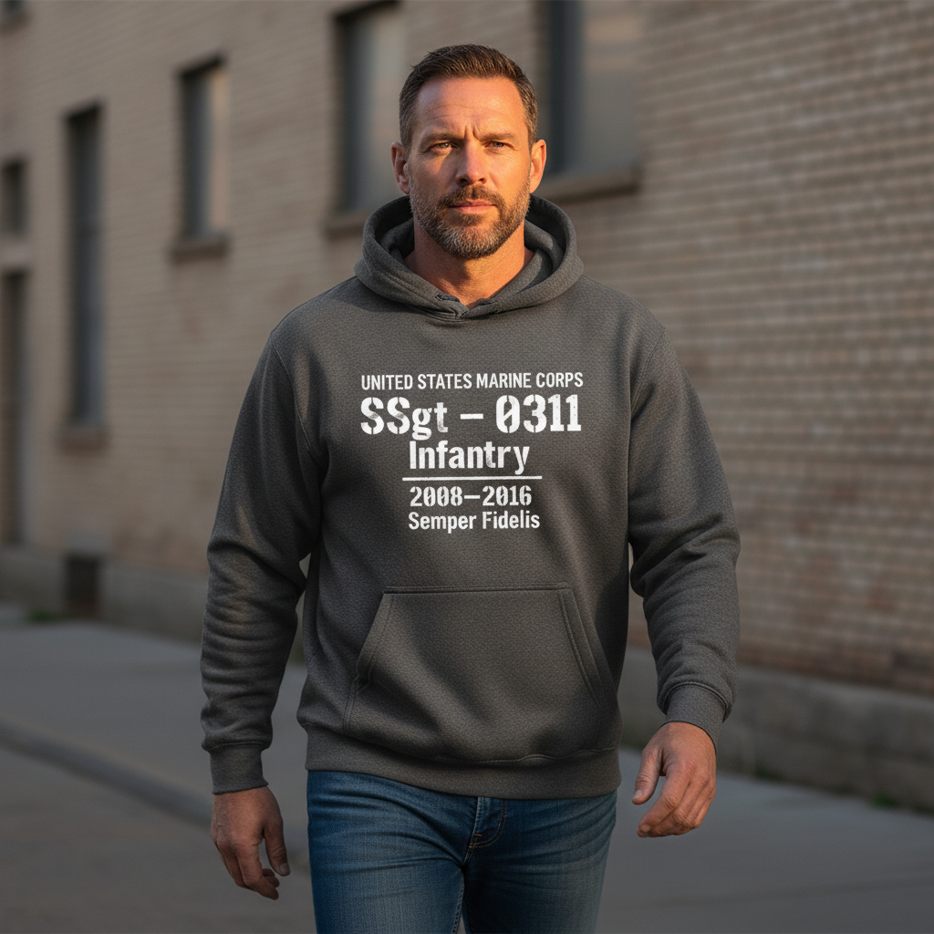 USMC SSgt 0311 Infantry Hoodie Charcoal Heather Military Stencil 2008-2016 Pullover