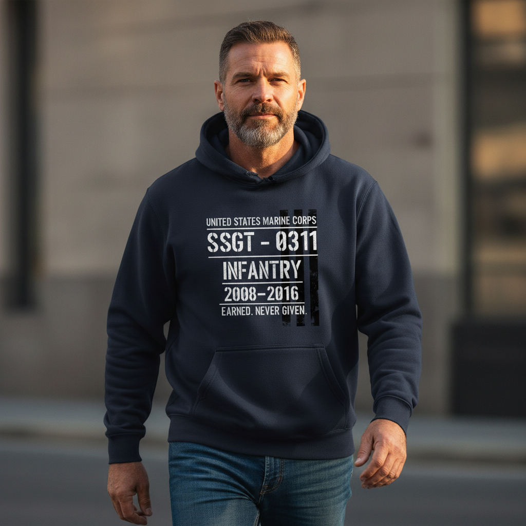 USMC SSgt 0311 Infantry Hoodie Earned Never Given Navy Blue Military Rank Pullover