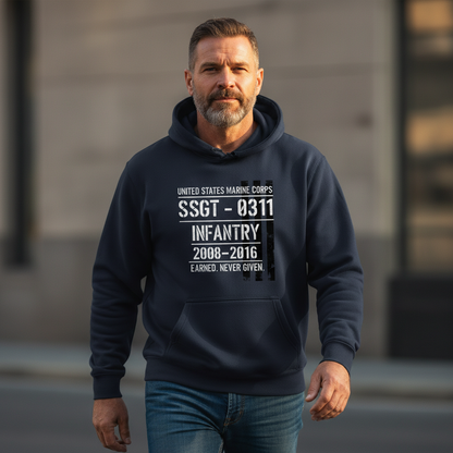 USMC SSgt 0311 Infantry Hoodie Earned Never Given Navy Blue Military Rank Pullover