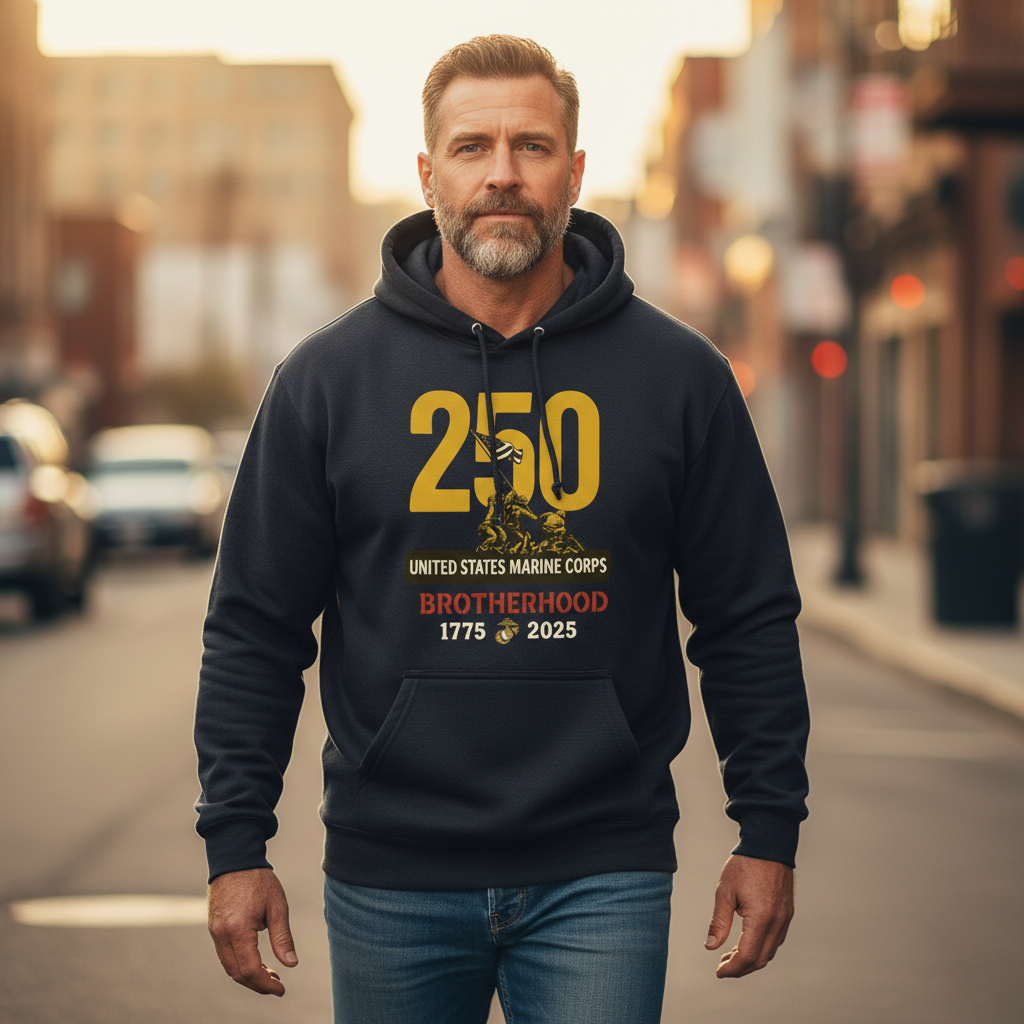 United States Marine Corps 250th Anniversary Hoodie Brotherhood 1775-2025 Iwo Jima Tribute Pullover
