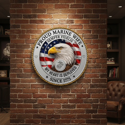 Proud Marine Wife Custom Metal Wall Sign - Semper Fidelis Eagle Badge - Personalized Name & Year