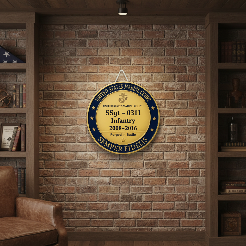 Personalized USMC Marine Corps Wall Decor - Custom Name, Rank & MOS Infantry Sign - Military Service Award Plaque - Semper Fidelis Gold & Blue Wall Art