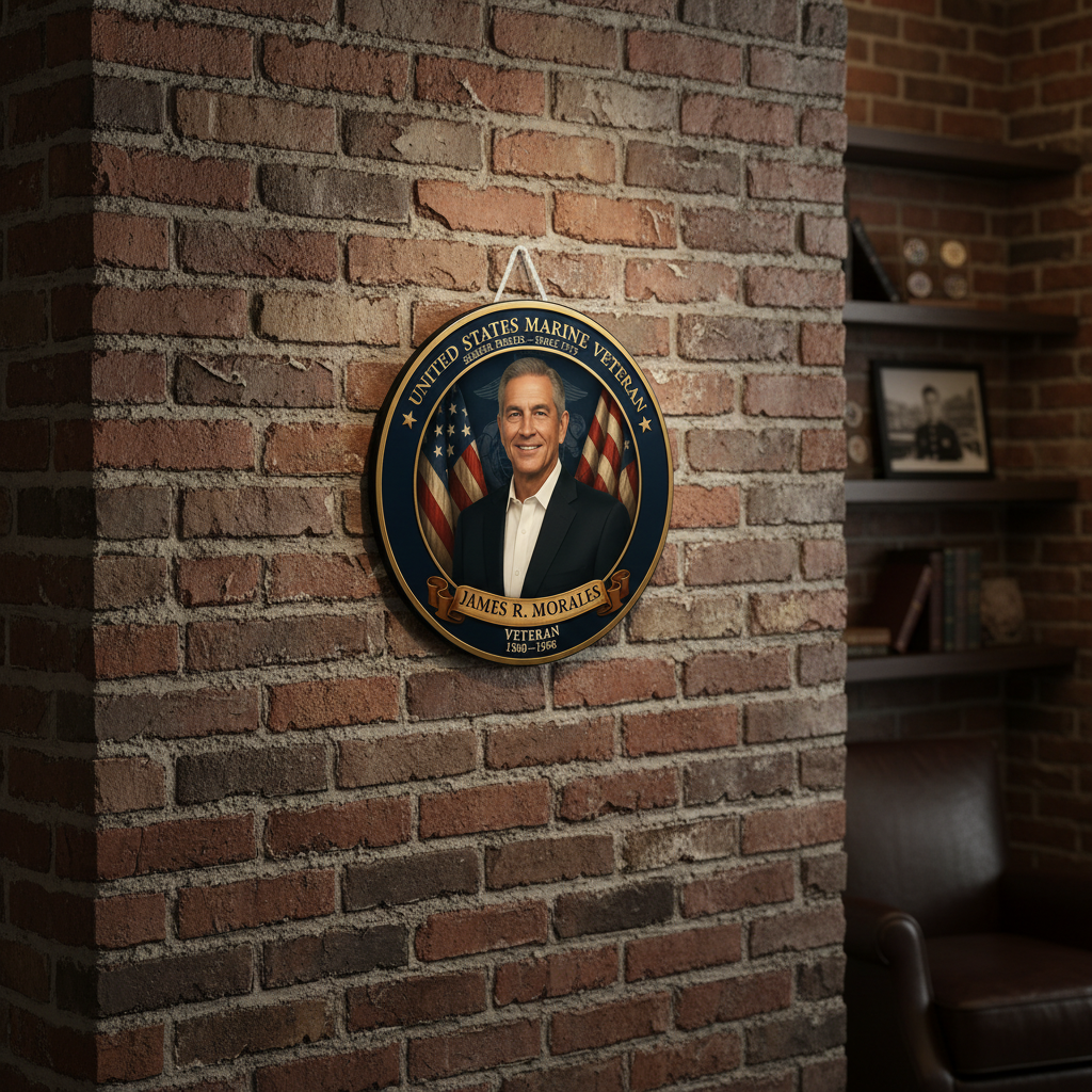Personalized US Marine Veteran Round Wood Wall Sign - Custom Military Portrait Plaque with Name & Years of Service - Semper Fi USMC Tribute Gift