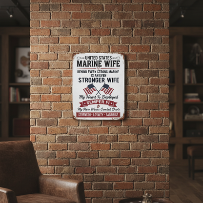 Custom United States Marine Wife Metal Wall Sign - Personalized Military Spouse Gift - Semper Fi Hero Home Decor - Strength Loyalty Sacrifice Plaque