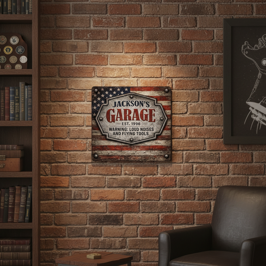 Personalized Father's Day Gift - Custom Garage Sign for Dad - Vintage Mechanic Wall Decor - "Loud Noises & Flying Tools" Custom Sign