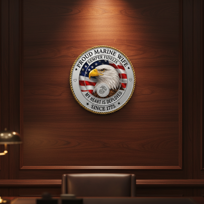 Proud Marine Wife Custom Metal Wall Sign - Semper Fidelis Eagle Badge - Personalized Name & Year