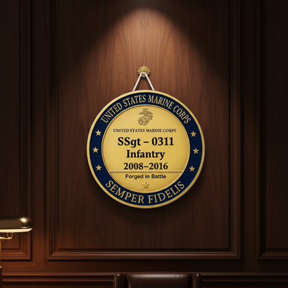 Personalized USMC Marine Corps Wall Decor - Custom Name, Rank & MOS Infantry Sign - Military Service Award Plaque - Semper Fidelis Gold & Blue Wall Art