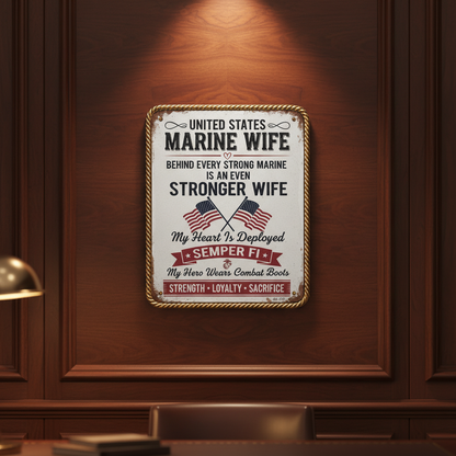 Custom United States Marine Wife Metal Wall Sign - Personalized Military Spouse Gift - Semper Fi Hero Home Decor - Strength Loyalty Sacrifice Plaque