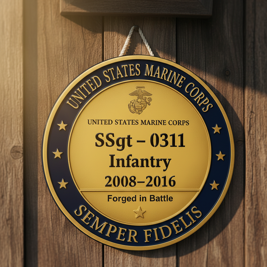 Personalized USMC Marine Corps Wall Decor - Custom Name, Rank & MOS Infantry Sign - Military Service Award Plaque - Semper Fidelis Gold & Blue Wall Art