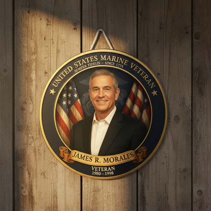 Personalized US Marine Veteran Round Wood Wall Sign - Custom Military Portrait Plaque with Name & Years of Service - Semper Fi USMC Tribute Gift