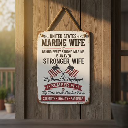 Custom United States Marine Wife Metal Wall Sign - Personalized Military Spouse Gift - Semper Fi Hero Home Decor - Strength Loyalty Sacrifice Plaque