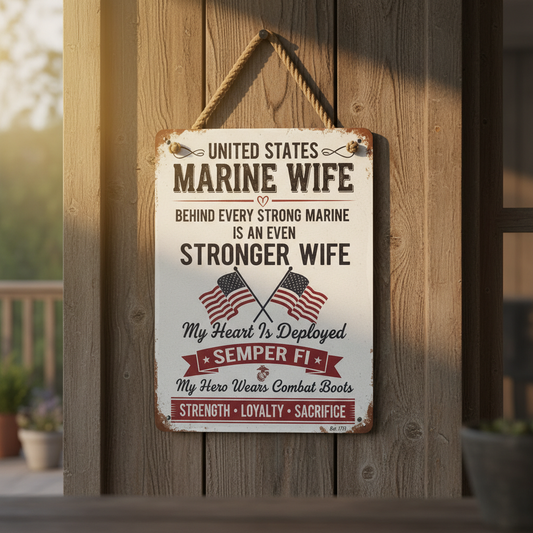 Custom United States Marine Wife Metal Wall Sign - Personalized Military Spouse Gift - Semper Fi Hero Home Decor - Strength Loyalty Sacrifice Plaque