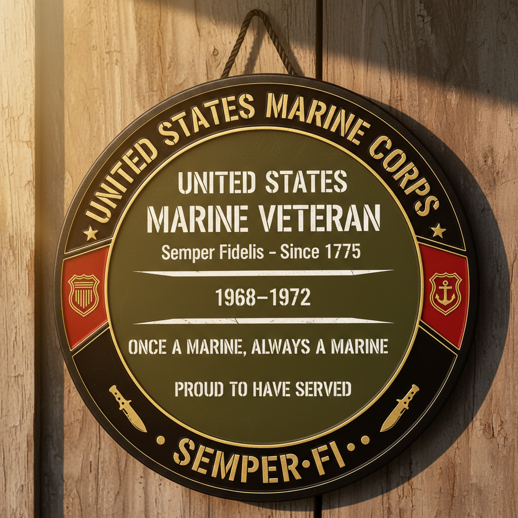 Personalized US Marine Corps Veteran Metal Wall Sign - Custom Service Years 1968-1972 - Semper Fi Proud To Have Served Round Sign - Military Retirement Gift