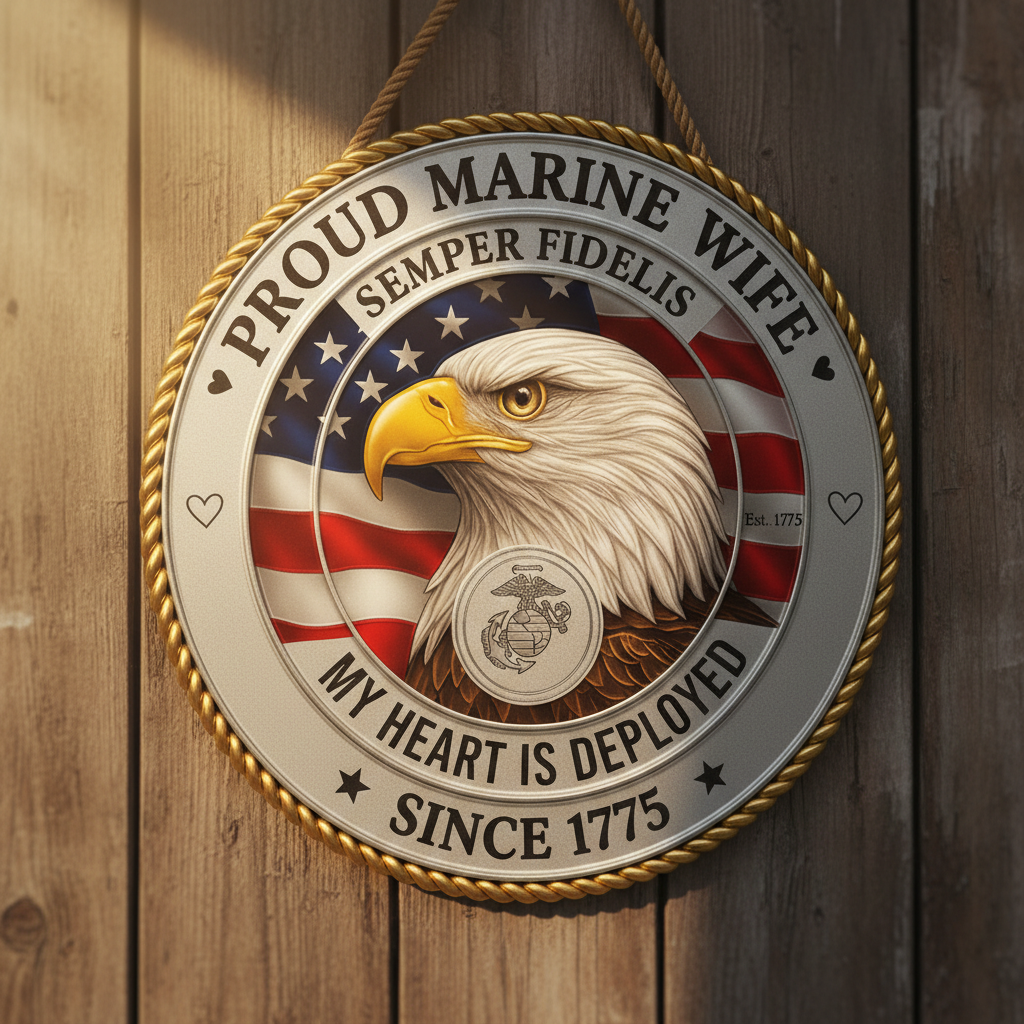 Proud Marine Wife Custom Metal Wall Sign - Semper Fidelis Eagle Badge - Personalized Name & Year