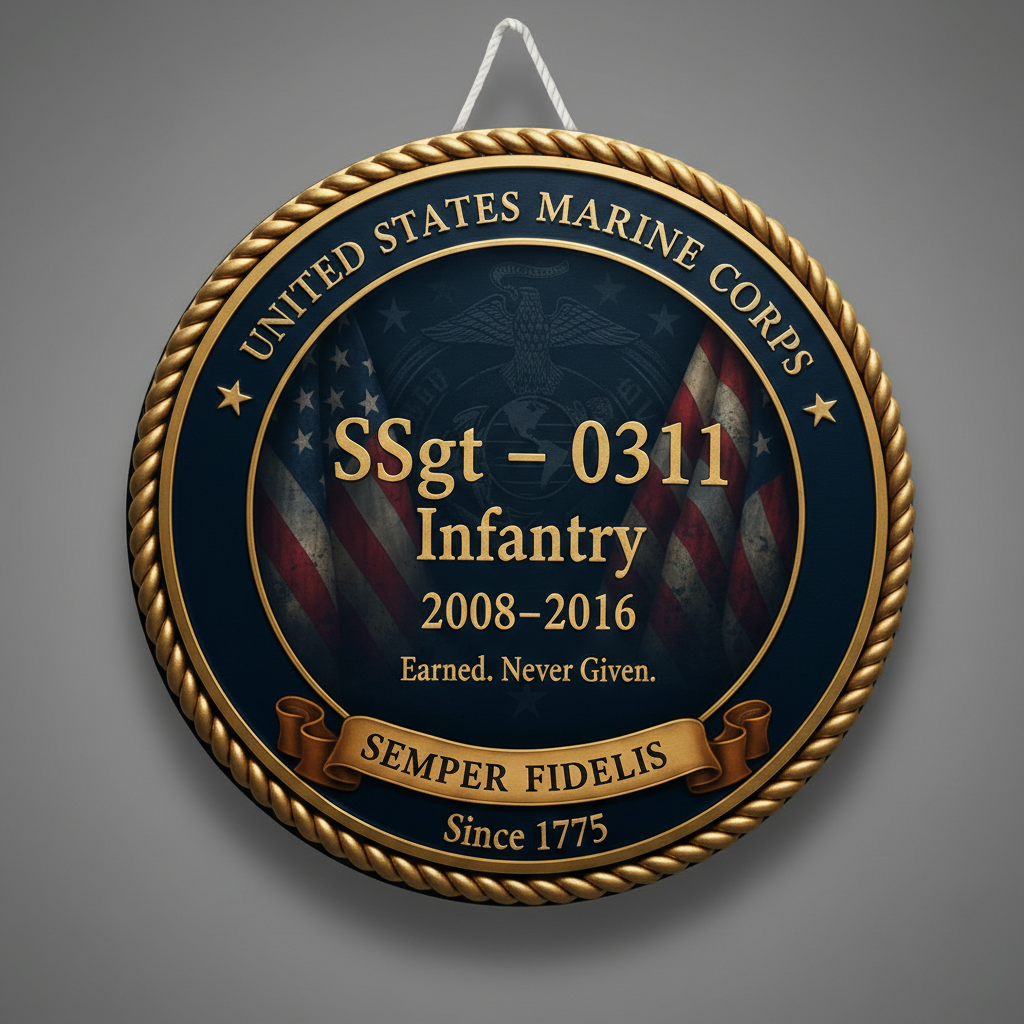 Personalized USMC Veteran Retirement Gift - Custom Marine Corps Wall Art - Infantry 0311 Service Recognition Plaque - Earned Never Given Wall Sign