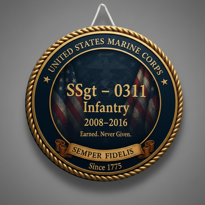 Personalized USMC Veteran Retirement Gift - Custom Marine Corps Wall Art - Infantry 0311 Service Recognition Plaque - Earned Never Given Wall Sign