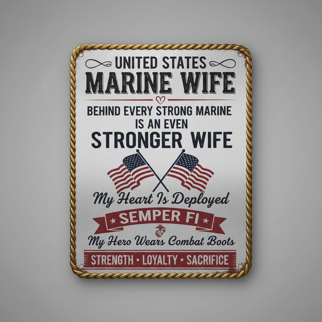 Custom United States Marine Wife Metal Wall Sign - Personalized Military Spouse Gift - Semper Fi Hero Home Decor - Strength Loyalty Sacrifice Plaque