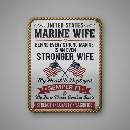 Custom United States Marine Wife Metal Wall Sign - Personalized Military Spouse Gift - Semper Fi Hero Home Decor - Strength Loyalty Sacrifice Plaque
