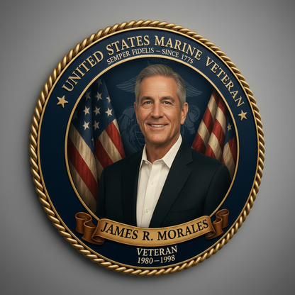 Personalized US Marine Veteran Round Wood Wall Sign - Custom Military Portrait Plaque with Name & Years of Service - Semper Fi USMC Tribute Gift