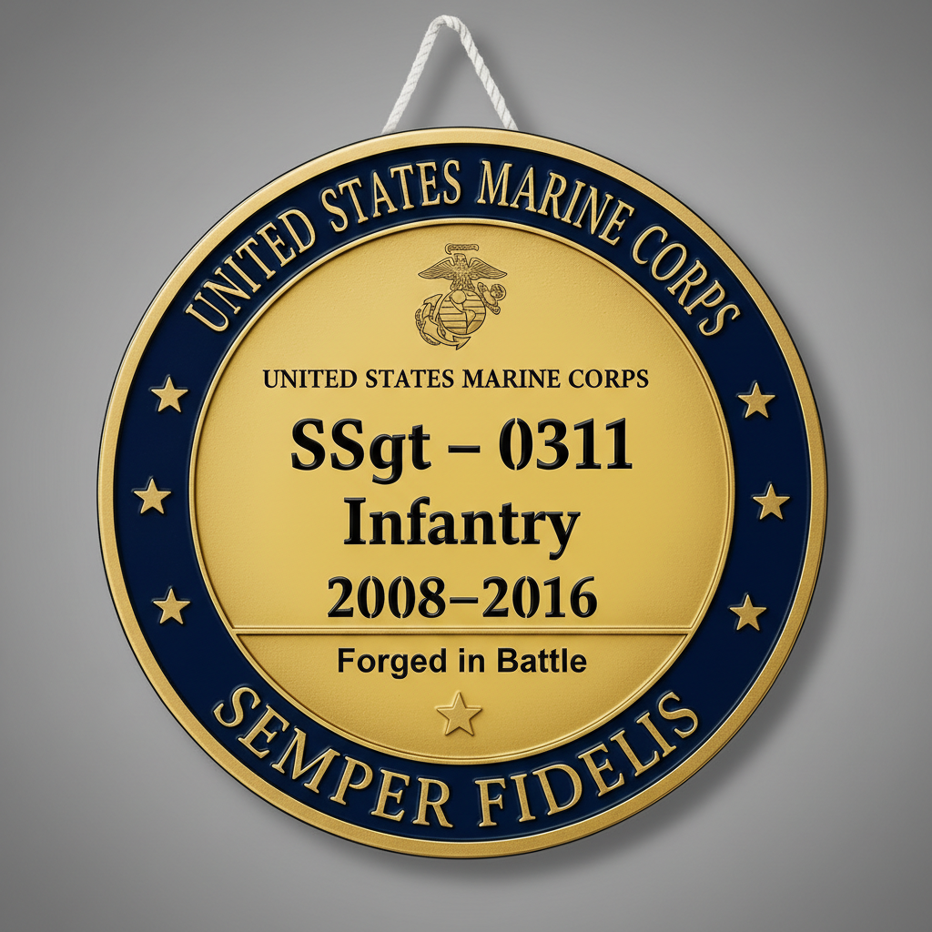 Personalized USMC Marine Corps Wall Decor - Custom Name, Rank & MOS Infantry Sign - Military Service Award Plaque - Semper Fidelis Gold & Blue Wall Art