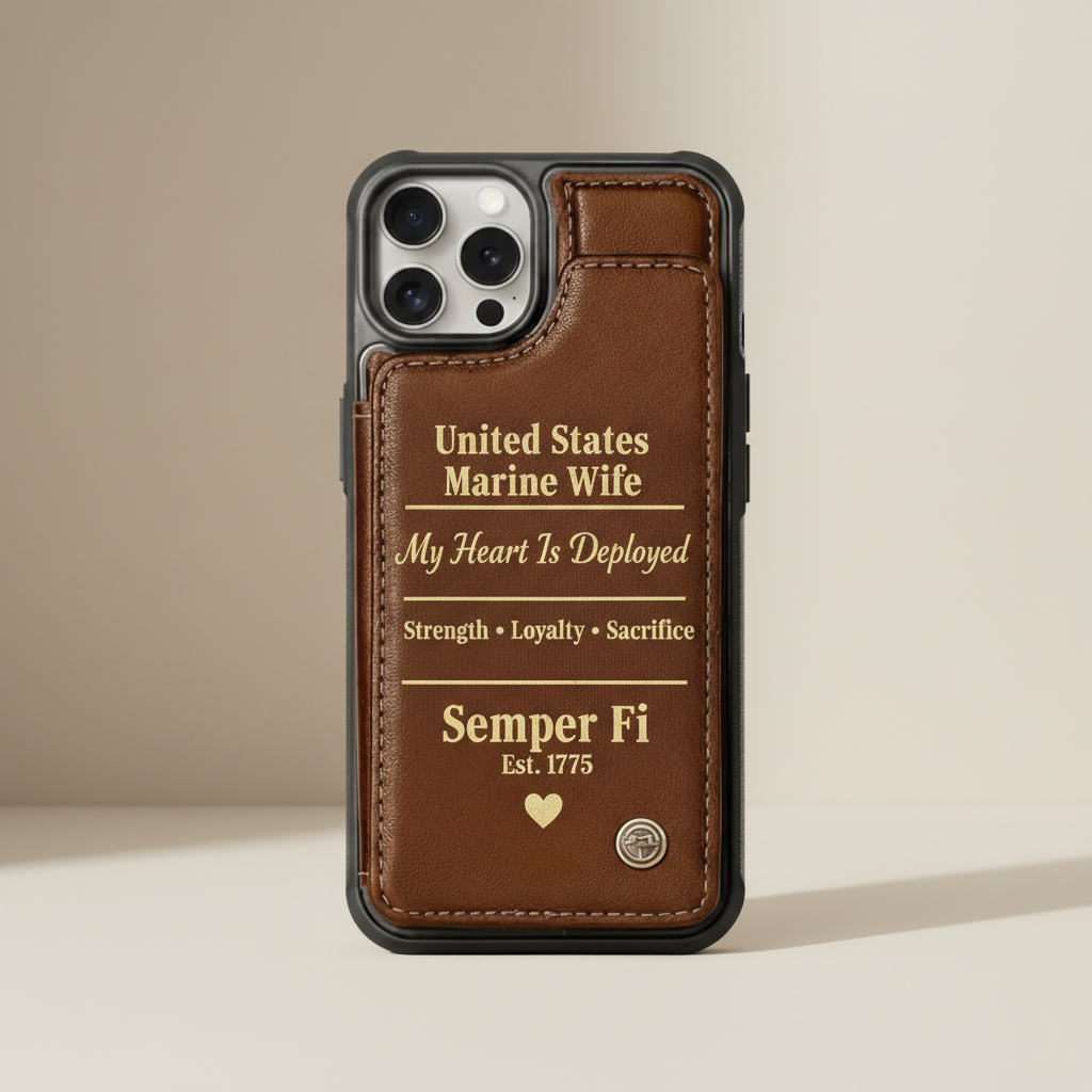 United States Marine Wife Custom Leather Phone Case - "My Heart Is Deployed" Edition