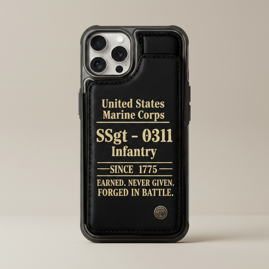 Custom USMC Rank & MOS Leather Phone Case - Personalized Marine Corps Infantry Gift