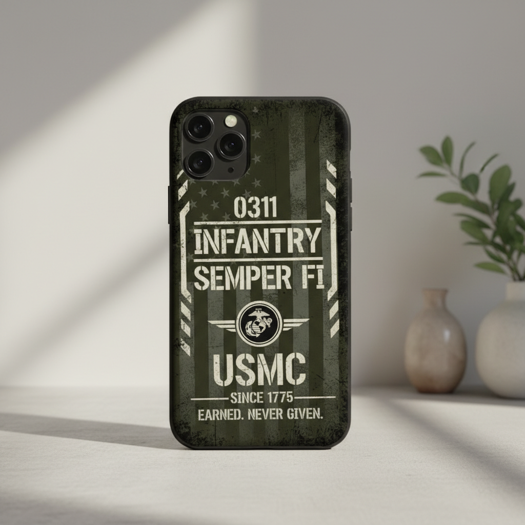 Custom USMC 0311 Infantry Phone Case - Personalized Marine Corps Semper Fi Cover - Earned Never Given Design for iPhone & Samsung