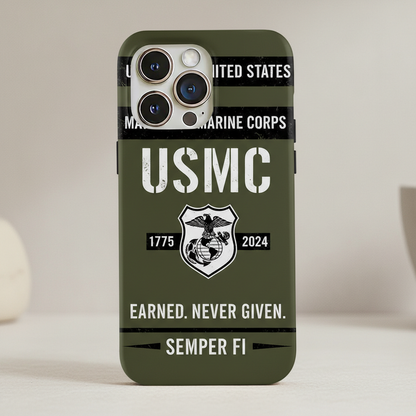 Custom Name USMC Marine Corps Phone Case - Earned Never Given - Military Gift